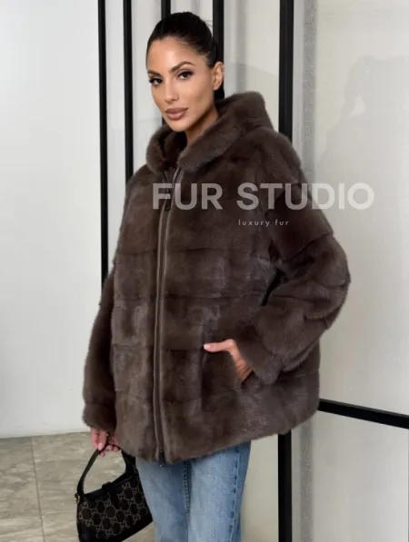 Норковый полушубок с капюшоном на молнии - фото 0