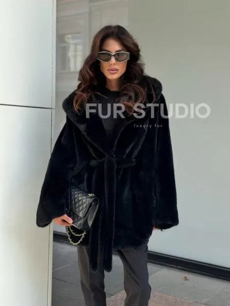 Пончо из норки с капюшоном кобра - черно-синий - фото 10