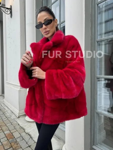 Полушубок норковый в гранатовом оттенке - фото 1