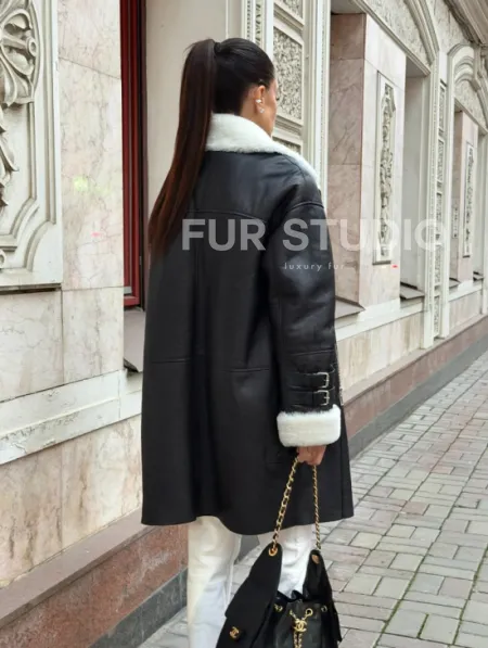 Дубленка авиатор длинная на белой овчине - фото 5