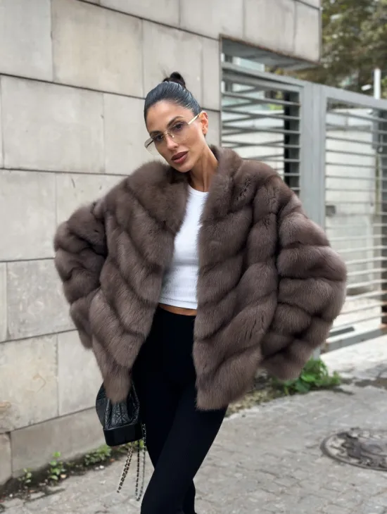 Меховой жакет - шуба из куницы цвет трюфель - фото 7