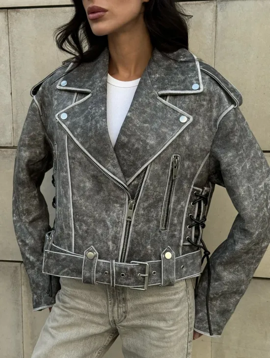 Косуха из натуральной кожи Vintage со шнуровкой - цвет серый - фото 4