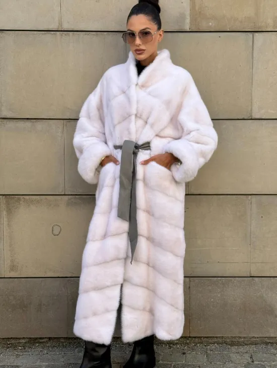 Норковая шуба с поясом, стойка воротник - цвет колотый лед - фото 0