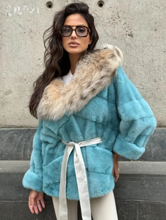 Шуба автоледи из норки с капюшоном из меха рыси - цвет Tiffany - фото 5
