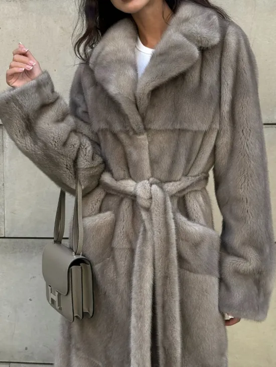 Норковая шуба цельный мех с поясом Luxury Line - цвет silver - фото 3