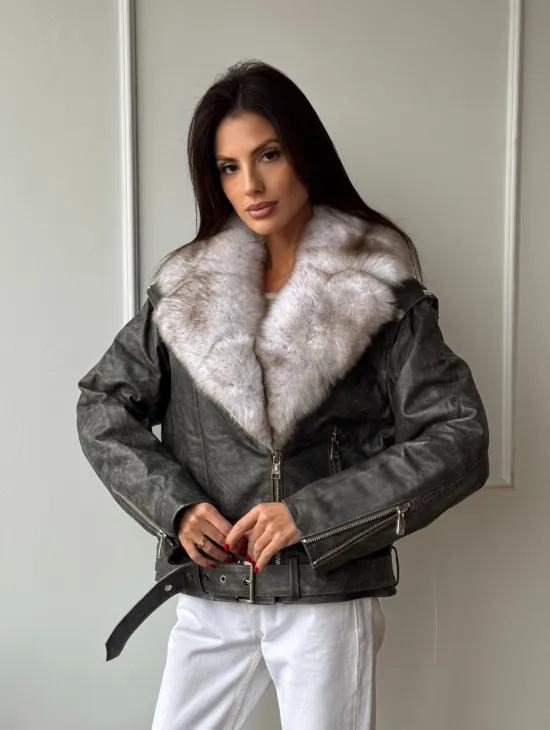 Куртка - косуха демисезонная из натуральной кожи с мехом песца - фото 9