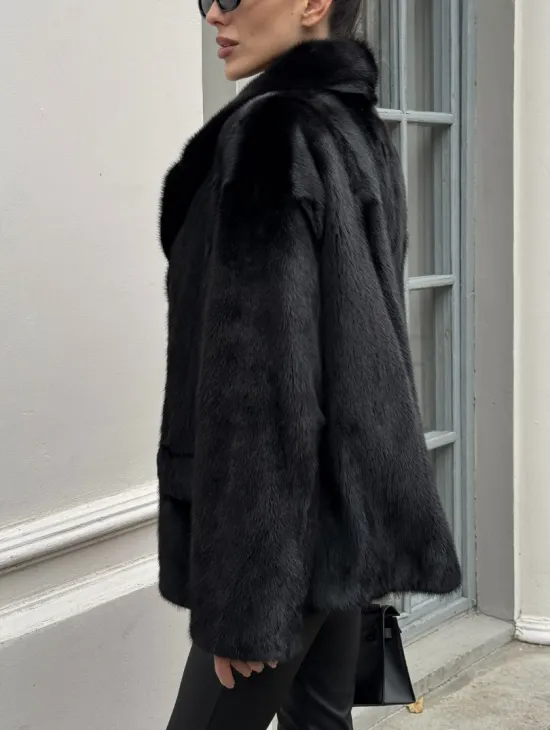 Черная норковая шуба - жакет с английским воротником - фото 5