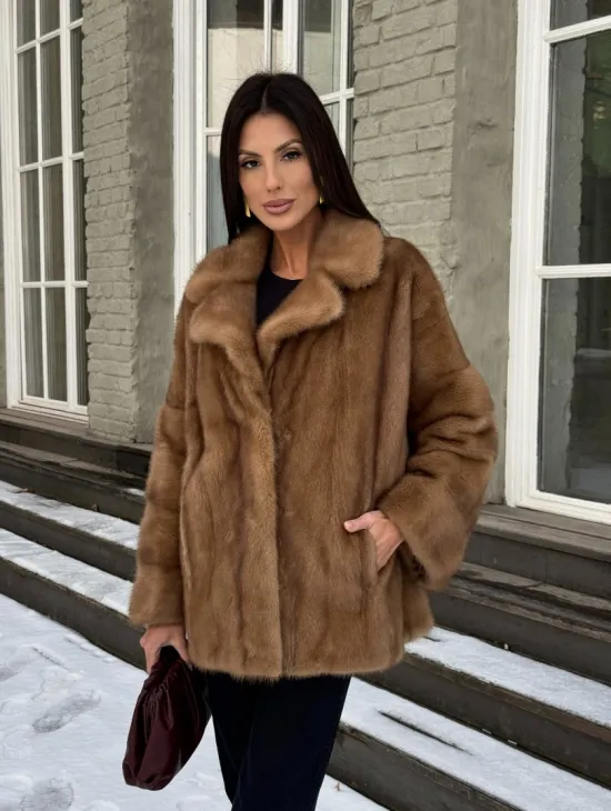 Норковый полушубок Vintage Gold с английским воротником - фото 11