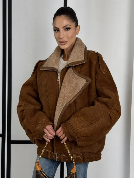 Зимняя натуральная замшевая куртка - дубленка с лацканами - фото 9