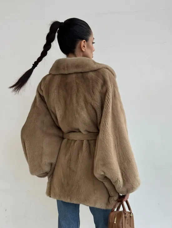 Шуба норковая SAGA FURS летучая мышь в натуральном цвете пастель - фото 7