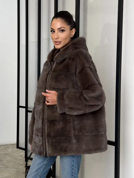 Норковый полушубок с капюшоном на молнии - фото 7