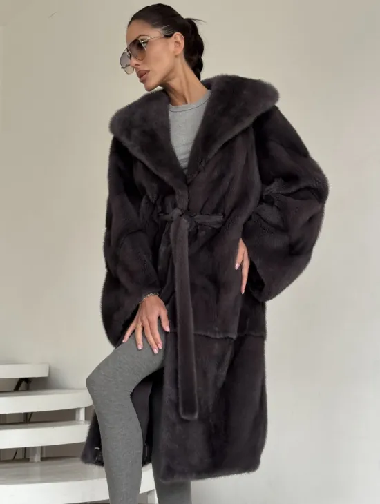 Зимняя норковая шуба с капюшоном - цвет графит - фото 3