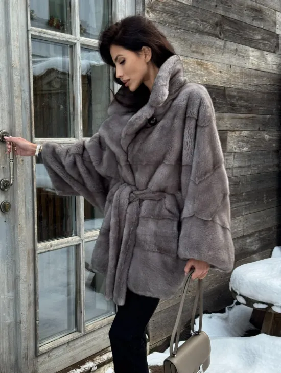 Норковая шуба в цвете графит с английским воротником - Летучая мышь - фото 7