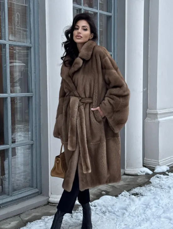 Плюшевая норковая шуба - кимоно с английским воротником - фото 9