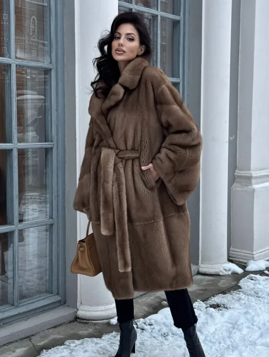 Плюшевая норковая шуба - кимоно с английским воротником - фото 0