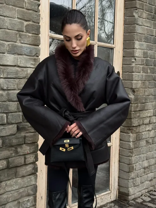 Двухсторонняя женская дубленка из итальянской тосканы Brown - фото 8