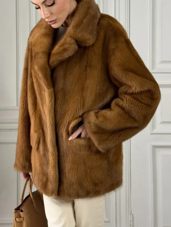 Полушубок норковый Vintage Dark Gold с английским воротником - фото 1