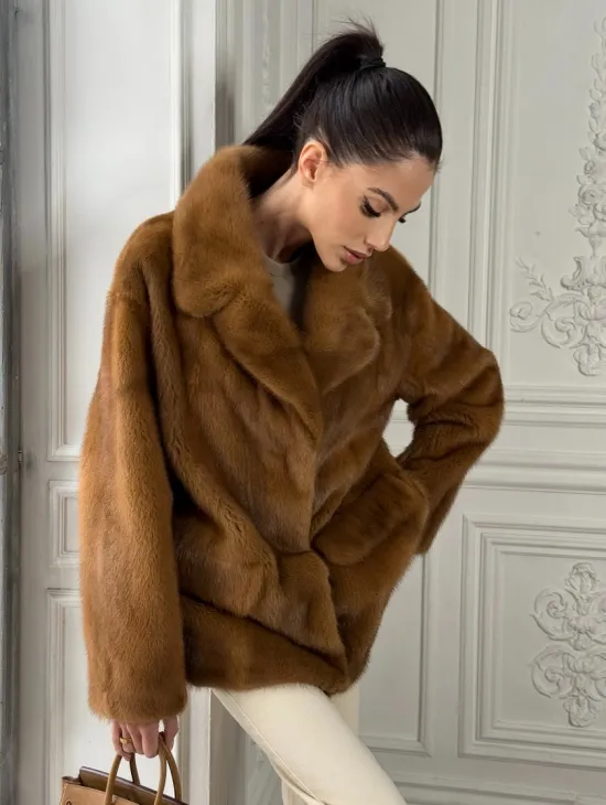 Полушубок норковый Vintage Dark Gold с английским воротником - фото 6