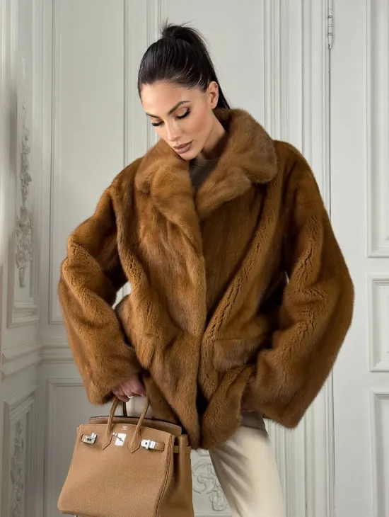 Полушубок норковый Vintage Dark Gold с английским воротником - фото 10