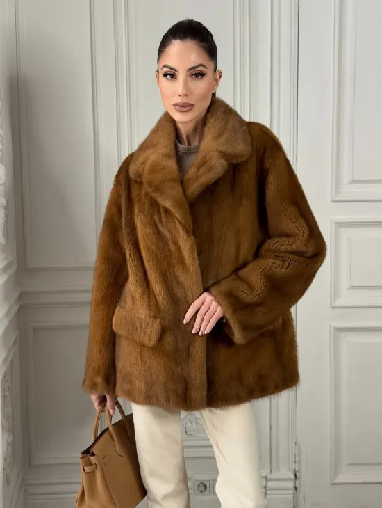 Полушубок норковый Vintage Dark Gold с английским воротником - фото 8