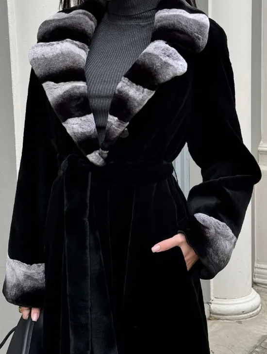 Шуба из стриженой норки с отделкой под шиншиллу - фото 1