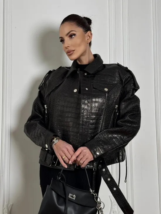 Укороченная куртка из натуральной кожи «CROCO» BLACK со шнуровкой на спине - фото 5