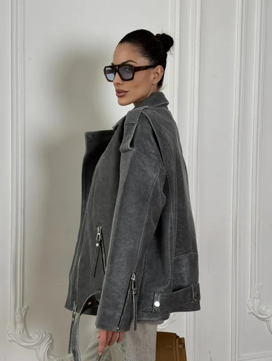 Винтажная кожаная косуха оверсайз - серый графит - фото 8