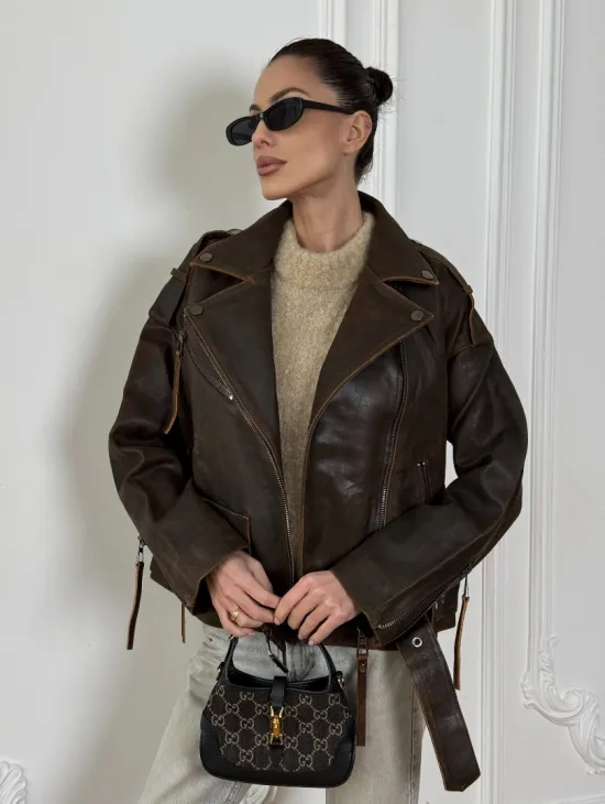 Vintage Brown кожаная куртка - косуха оверсайз с затертыми швами - фото 2