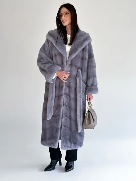 Удлиненная норковая шуба - кимоно с капюшоном - фото 5