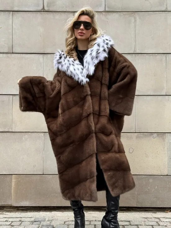 Норковая шуба с капюшоном из лисы под рысь - стиль 