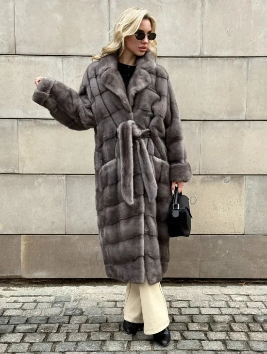 Шуба - кимоно под пояс из меха аукционной норки с английским воротником - фото 4