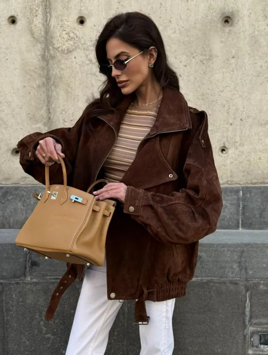 Винтажная куртка - бомбер из замши в коричневом цвете - фото 9