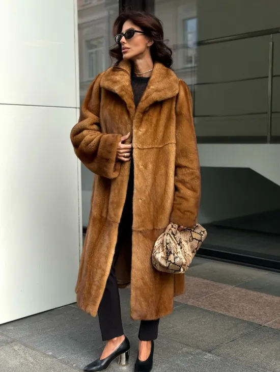 Золотистая норковая шуба с воротником апаш - New 2026 - фото 5