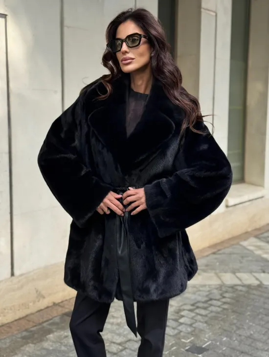 Полушубок из норки с английским воротником - черный - фото 3