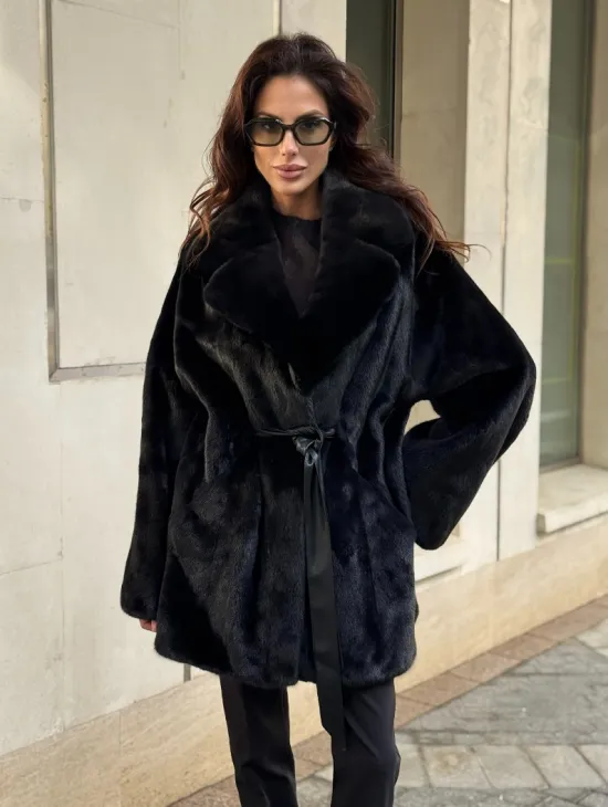 Полушубок из норки с английским воротником - черный - фото 5