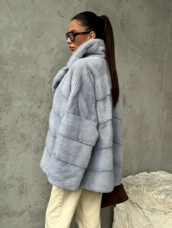 Шуба норковая кимоно автоледи - цвет голубой - фото 8