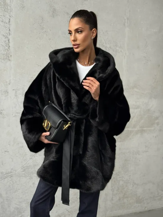 Полушубок черный норковый с капюшоном - фото 7