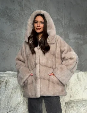 Норковый полушубок с капюшоном в цвете пудра - фото 10