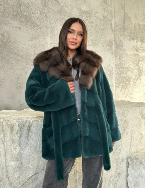 Шуба норка кимоно - капюшон куница - фото 11