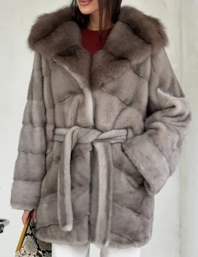 Серый норковый полушубок - капюшон куница - фото 1