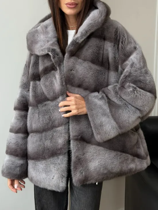 Норковый полушубок с капюшоном - цвет Platinum - фото 5