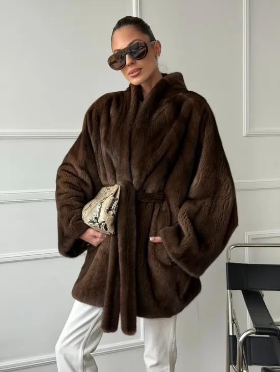 Норковый полушубок с меховым поясом - Летучая мышь - фото 7