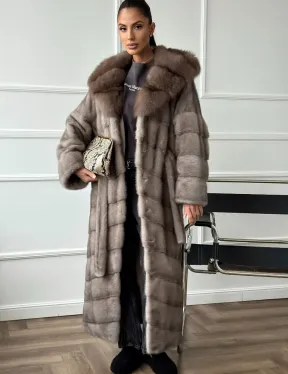 Шуба-кимоно норка в пол с капюшоном куница - фото 0