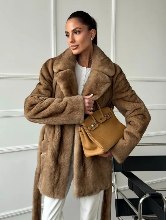 Полушубок норковый пастель с меховым поясом - фото 0