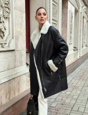 Дубленка авиатор длинная на белой овчине - фото 7