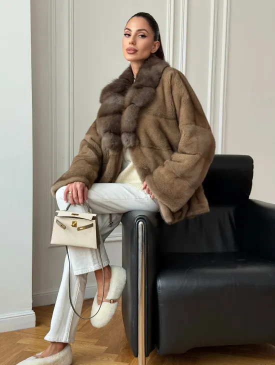 Норковый полушубок - воротник куница - фото 10