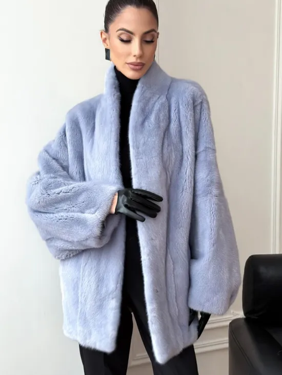 Голубой норковый полушубок - летучая мышь - фото 4