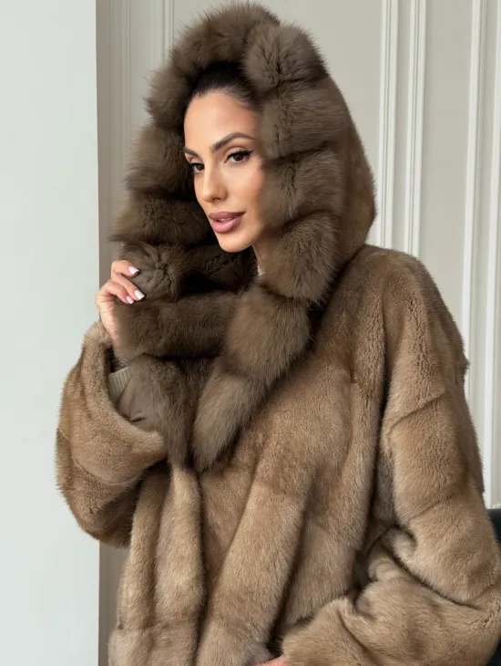 Шуба норковая с капюшоном куница - фото 3