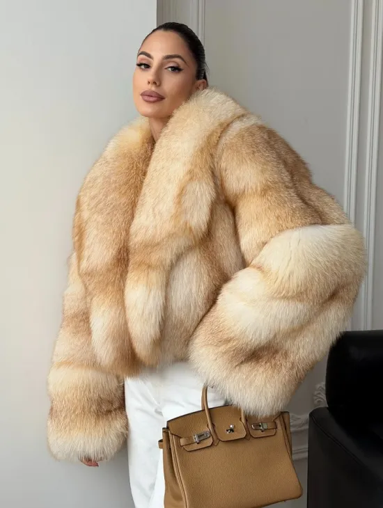 Полушубок-кроп с шалевым воротником из меха песца - фото 0