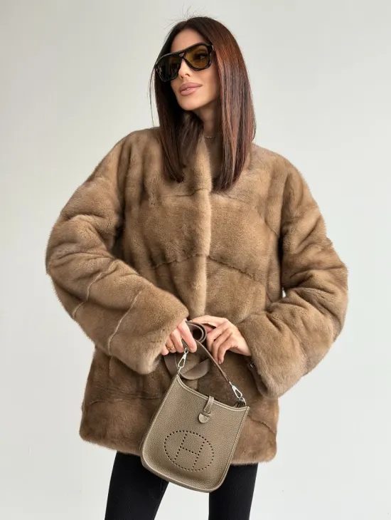 Полушубок пастель мех норка - фото 6